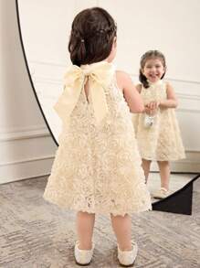 女婴宽松可爱立领 3D 花朵玫瑰刺绣网眼无袖后蝴蝶结中长连衣裙，杏色和香槟色，适合婚礼、花童、生日派对 - 杏色 - 查看 3
