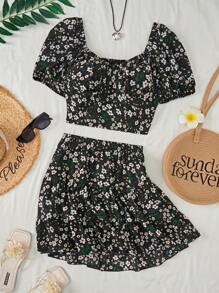 Flirla 2pcs/Set Ditsy Floral Ruffle Sleeve Top And Mini Skirt - Black - View 5