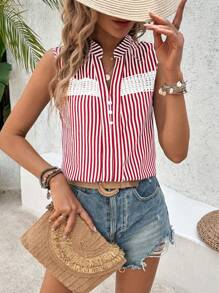 Breezaya Women's Sleeveless Striped Contrast Lace Button Down Blouse - Red - View 4