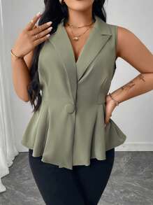 SHEIN Unity Plus Size Sleeveless Solid Color Ruffle Trim Elegant Casual Business Blouse For Women - Olive Green - View 3