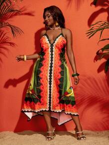 Slaydiva 大码女式无袖 V 领不对称下摆彩色几何印花细肩带连衣裙，休闲度假装 - 彩色 - 查看 5