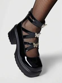 ROMWE Goth 2024 年新款时尚玛丽珍鞋街头风女鞋，圆头粗跟通勤休闲乐福鞋，春季 - 黑色 - 查看 3