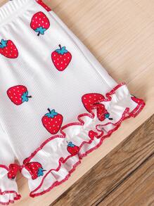 2pcs Baby Girls' Spring/Summer Fashion Soft & Comfy Strawberry Print Ruffle Hem Camisole And Shorts Set - White - View 7