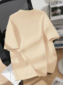 SHEIN EZwear 超大款休闲简约米兰英式图案圆领宽松短袖 T 恤女款，夏季 - 杏色 - 查看 2