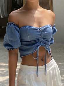 Livesso Women's Off Shoulder Lantern Sleeve Ruched Denim Blouse Top - Blue - View 3