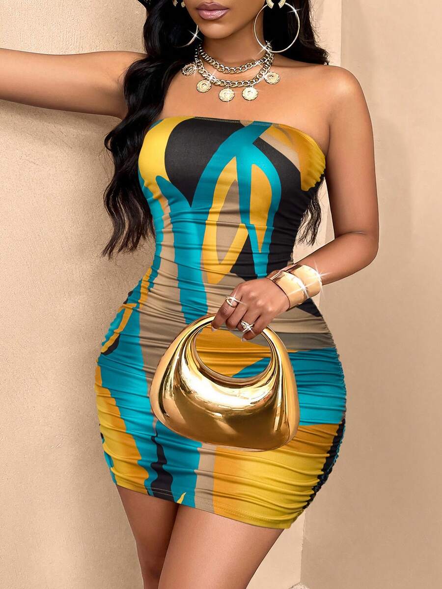 SOLERSUN 大码女式大理石印花露肩紧身派对礼服（随机花卉印花） - 黃色 - 查看 1