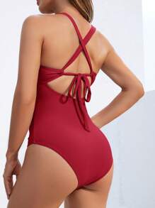 Swim DD+ 1pc Women Solid Color Spaghetti Strap One-Piece Swimsuit, For Vacation & Beach For Summer - Red - View 2