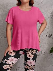 SHEIN LUNE 2pcs/Set Plus Size Women Solid Color Round Neck Short Sleeve Top And Floral Print Pants, Casual Outfit - Hot Pink - View 5