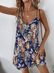 Sylviya Women's Bohemian Style Printed V-Neck Backless Vacation Dress - Blue - View 2