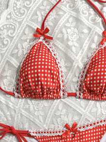 Swim Mod 25SS Refreshing Girly Vacation Special Fabric Ruffled Pink Bikini Three-Piece Set For Summer - Red - View 5