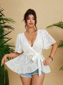Flirla Áo cánh mùa hè mới cổ chữ V viền bèo nhún buộc eo thanh lịch của Pháp cho kỳ nghỉ, áo thun tay ngắn ôm vừa vặn màu trắng - trắng - Xem 5