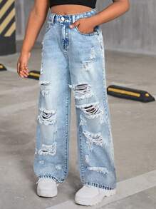 SHEIN SLAYR KIDS Tween Girls Y2K Retro Washed High Waist Distressed Ripped Straight Leg Jeans, Tween Girl Back To School Causal Clothes Outfits