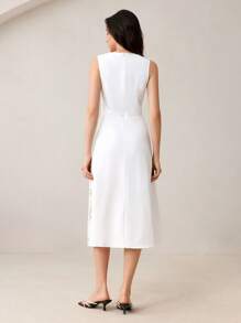 BizChic Nuovo arrivo Abito lungo senza maniche bianco per donna, elegante per lavoro, appuntamenti, pendolarismo, vacanze, stagione di matrimonio, con inserti in pizzo francese