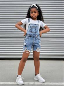 2pcs/Set Girls' Casual Ripped Distressed Denim Shorts With Suspenders, Comfortable Elastic& Soft, Street Style For Daily Wear, School, 2025 Spring Summer New Arrival All-Match Style Hot Item