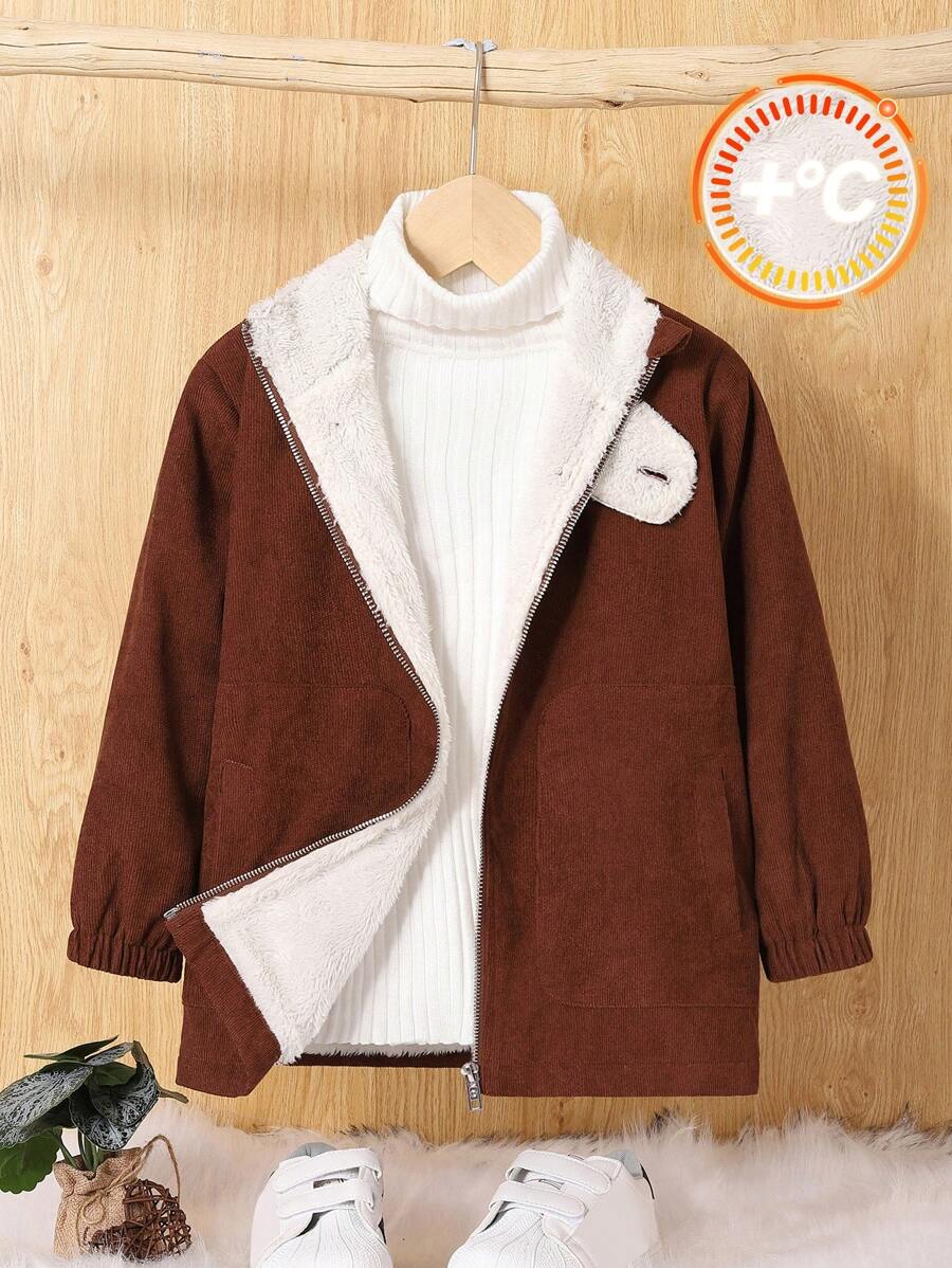 SHEIN Young Boy 1pc Teddy Lined Hooded Coat - Brown - View 1