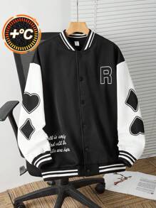SHEIN Teen Boy 1pc Knit Playing Card Pattern Letter Print Sleeve Patchwork Colorblocked Jacket,Black Autumn Streetwear Graduation Back-To-School Comfort - Multicolor - View 1