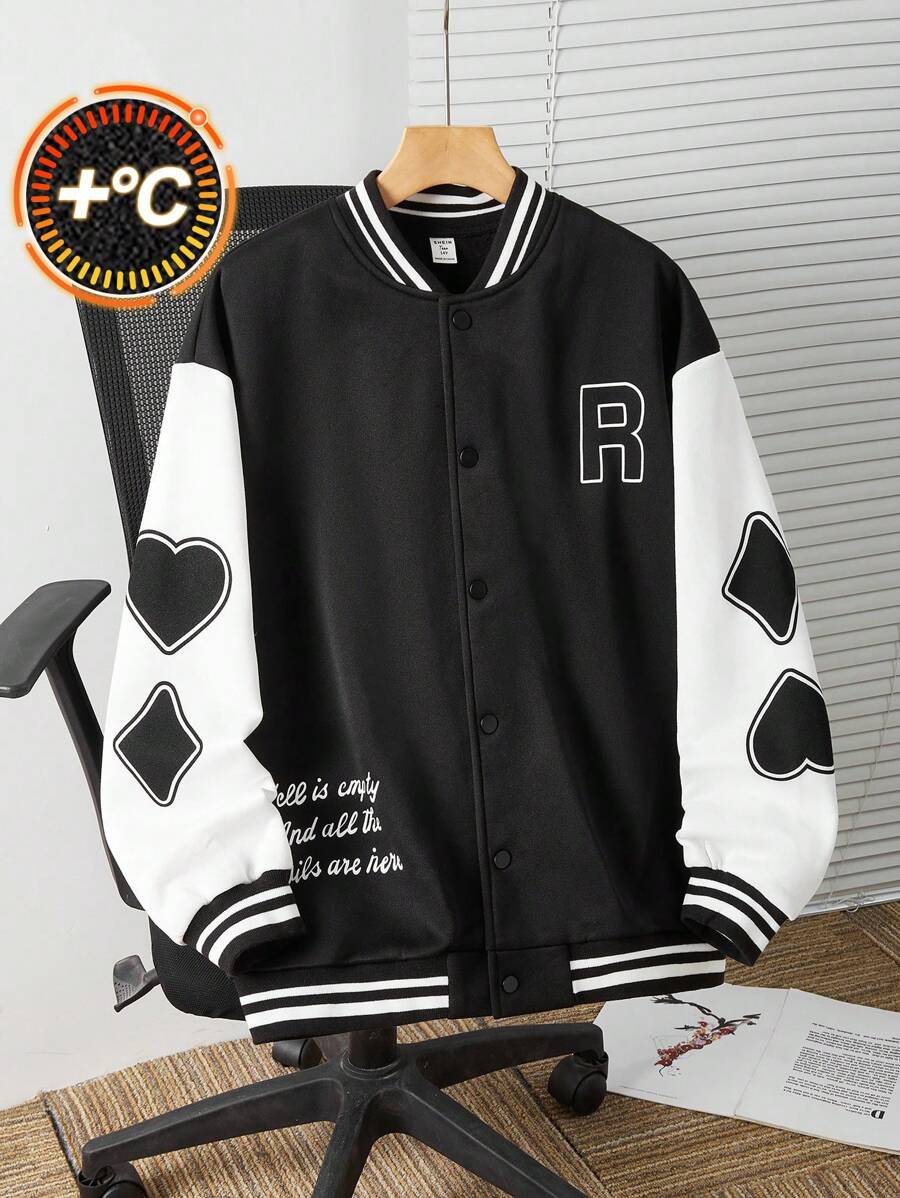 SHEIN Teen Boy 1pc Knit Playing Card Pattern Letter Print Sleeve Patchwork Colorblocked Jacket,Black Autumn Streetwear Graduation Back-To-School Comfort - Multicolor - View 1