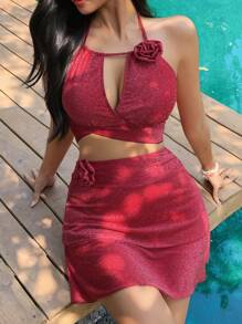 DAZY 3 piezas Conjunto de bikini sexy con decoración floral para mujer, traje de baño tipo tankini, atuendo para festival, vacaciones y crucero - Rojo - Ver 3
