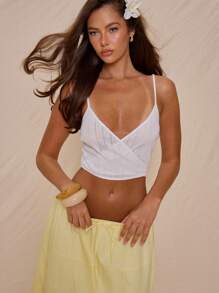 MUSERA Thin Strap Wrap Front Pointelle Cropped Cute Elegant Cami Top For Spring Summer Vacation Sweet Escape - White - View 1