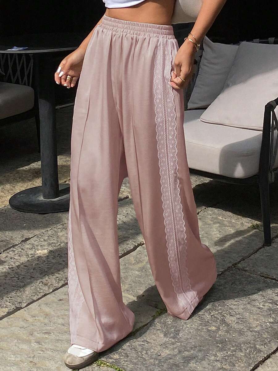 Livesso Women Lace Panel Elastic Waist Wide Leg Pants - Pink - View 1