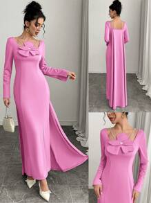 Modelyn Robe longue à manches longues avec décor floral 3D élégant pour femmes - Rose vif - View 3