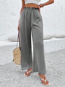 SHEIN LUNE Women's Solid Color Flared Wide Leg Casual Trousers With Waist Pocket - Grey - View 4