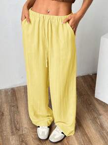 SHEIN PETITE CURVE Casual Yellow Woven Fabric Long Straight Leg Pants With Comfortable Fit And Pockets Women Wide Leg Pants Palazzo Pants Women