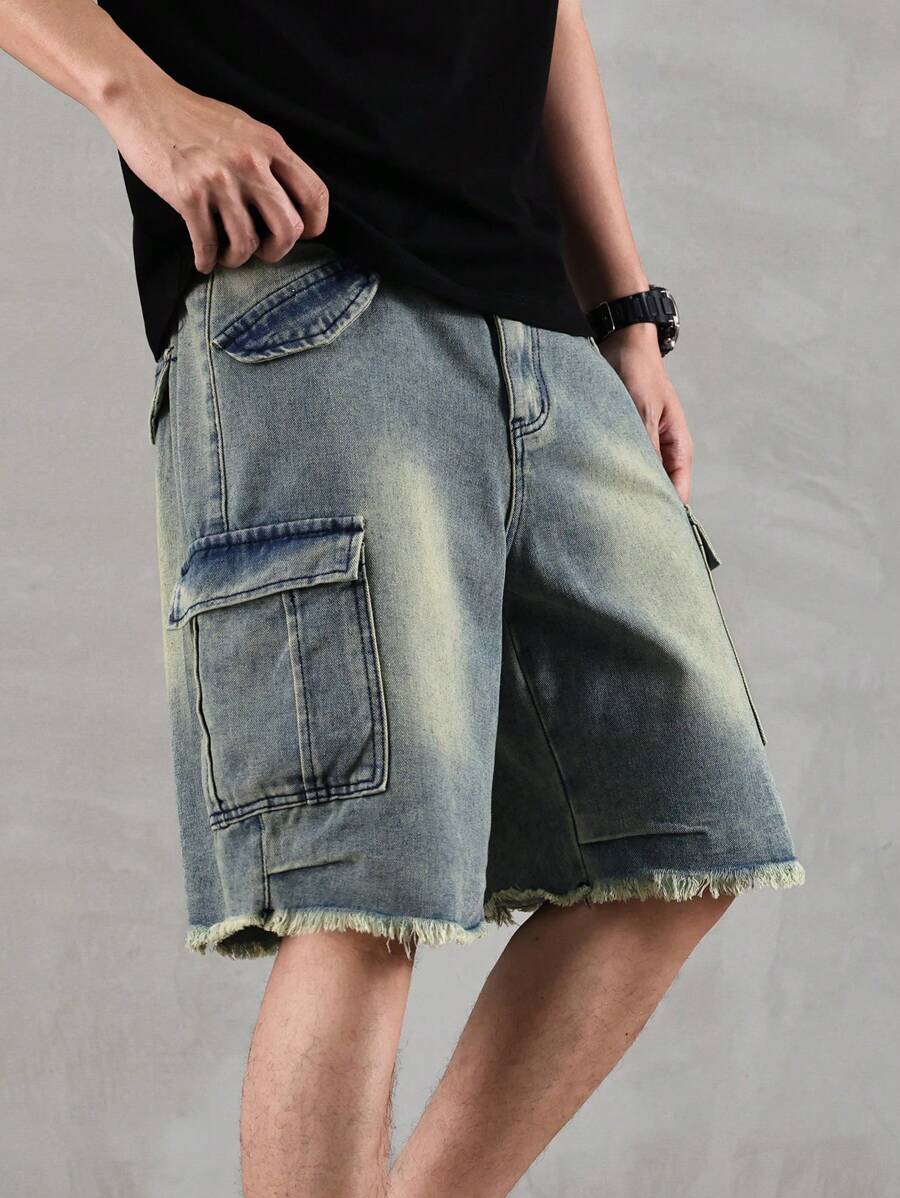 Manfinity EMRG Men's Casual Washed Edge Cargo Denim Shorts - Blue - View 1