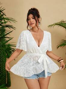 Flirla Áo cánh mùa hè mới cổ chữ V viền bèo nhún buộc eo thanh lịch của Pháp cho kỳ nghỉ, áo thun tay ngắn ôm vừa vặn màu trắng - trắng - Xem 3