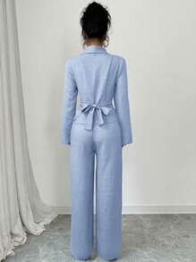 Firerie Women Solid Color Elegant Long Sleeve Wrap Shirt And Pants Set, Suitable For Everyday Commute And Business, Spring/Summer/Autumn - Baby Blue - View 2