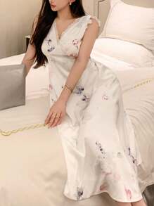 DAZY Romantic Tie Dye Floral Print Lace Trim Sleeveless V-Neck Ladies Nightgown Pajama - Beige - View 7