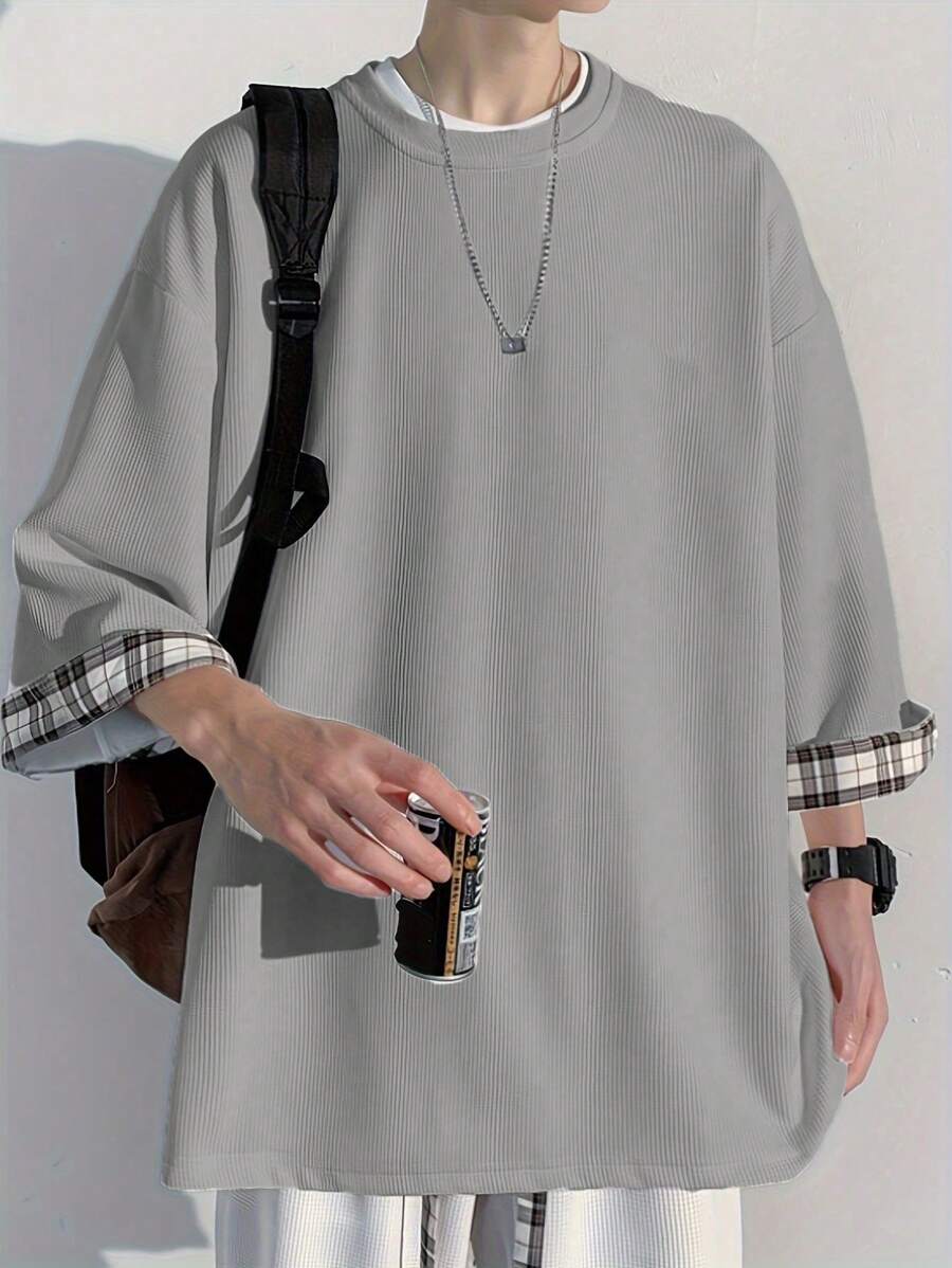Claim Dot Loose Fit Men's Plaid Cuff Round Neck Casual T-Shirt Men Tops Oversized, For Fall - Grey - View 1