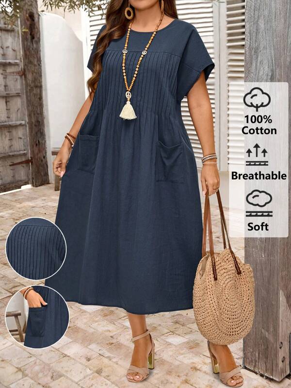 EMERY ROSE Plus Size Women Navy Blue Short Sleeve  Round Neck Country Casual Dress With Pockets For Summer,Vacation Outfits Women,Simple And Fashionable For Everyday Wear,Comfortable And Breathable Flowy Dress