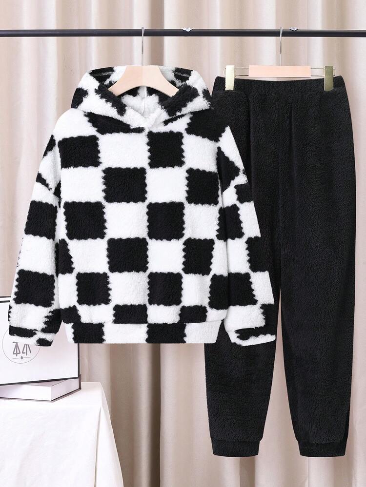 Tween Boy 2pcs Checkerboard Pattern Drop Shoulder Teddy Hoodie & 1pc Pants