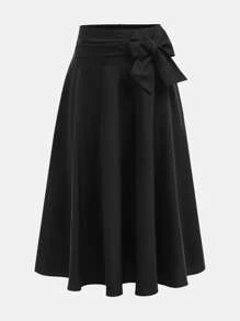Girlism Tween Girl Black Bowknot Waist Mid-Length A-Line Skirt, Elegant Academy Style Skirt - Black - View 1