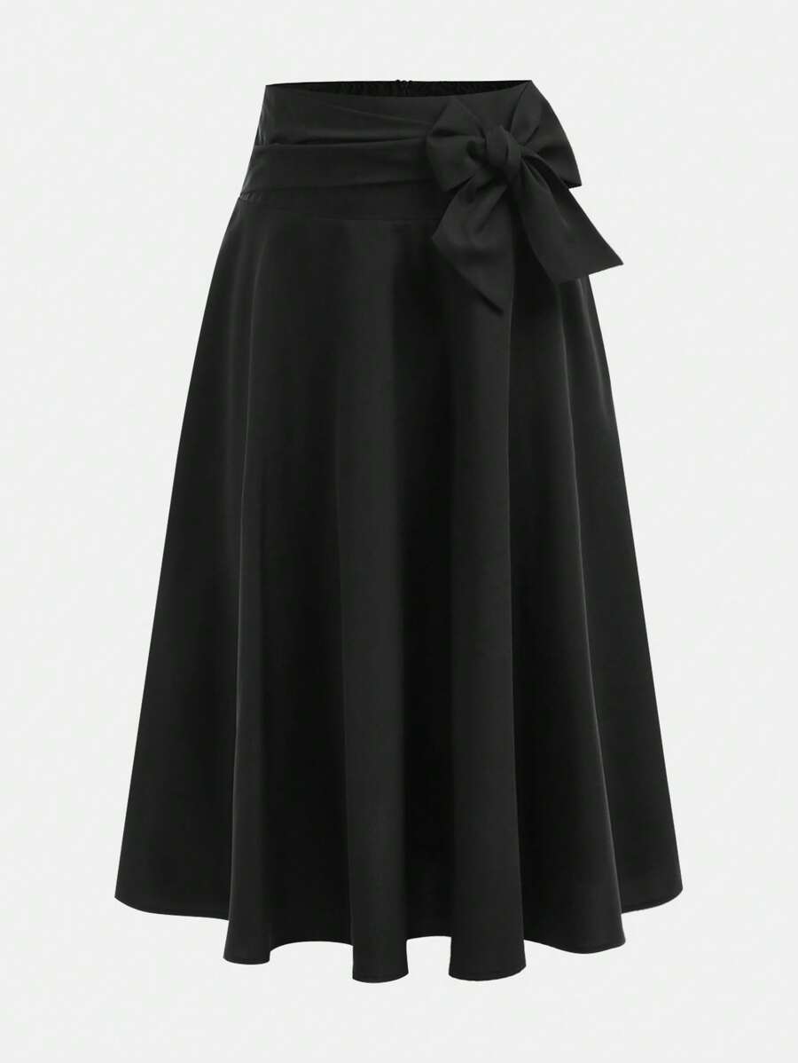 Girlism Tween Girl Black Bowknot Waist Mid-Length A-Line Skirt, Elegant Academy Style Skirt - Black - View 1