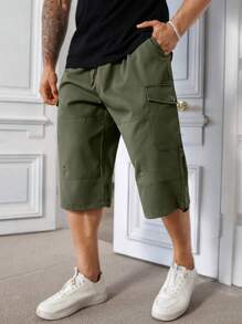 Manfinity Homme Plus Size Solid Color Pocketed Drawstring Waist Casual Capri Pants, Summer - Army Green - View 4