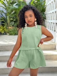 SHEIN SLAYR KIDS Tween Girls Solid Color Textured Cami Top & Shorts 2 Pieces Set, Suitable For Summer, Beach, Vacation - Mint Green - View 4