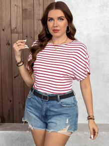 SHEIN LUNE Plus Size Summer Casual Striped Batwing Bodysuit Mother Day Simple & Fashionable - Red and White - View 5
