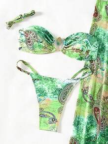 Swim SXY 3 件套春假女士沙滩装夏季服装，随机颜色花卉印花比基尼套装带金属装饰，三角形下装，高开叉裙，波西米亚风