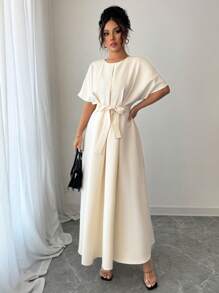 Gloray Elegant Solid Color Round Neck Ruched Hem Batwing Sleeve Dress - Apricot - View 6