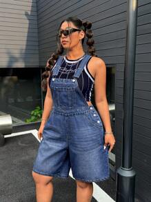 SHEIN ICON 大码休闲水洗蓝色宽松牛仔背带裤 - 藍色 - 查看 3