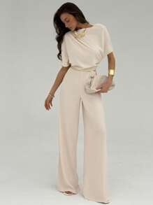 Aloruh New Simple Solid Apricot Color Pleated Decor Asymmetrical Shoulder Jumpsuit, Sexy High Waist Wide Leg Pants