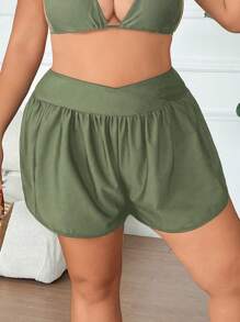 SHEIN CURVE+ Plus Size Solid Color Waist Cross-Tied Pleated Design Loose Slimming Beach Holiday Swimwear Bottom - Green - View 6