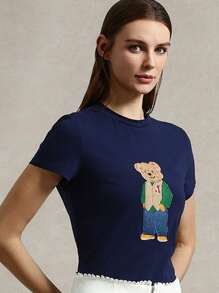 Briarwyn 刺绣卡通熊图案圆领印花短袖修身女式T恤，夏季商务休闲女款 - 藏蓝色 - 查看 12