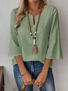 EMERY ROSE Women's Solid Color Contrast Lace 3/4 Sleeve Casual Shirt - Mint Green - View 4