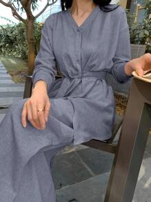 DAZY Bộ đồ mặc nhà thanh lịch gồm áo dài bất đối xứng và quần ống rộng dành cho nữ. - Màu xanh hải quân - Xem 3