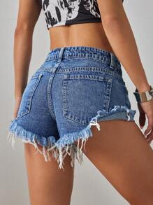 SHEIN ICON 女士口袋做旧磨边休闲百搭牛仔短裤 - 深色水洗藍 - 查看 2