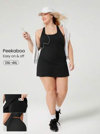 GLOWMODE FeatherFit™-Air Plus Size Peekaboo Strappy Dress With Built-In Anti-Slip Shorts Low Impact Yoga Daily Summer Dress Black Drss Quick Dry Moisture Wicking