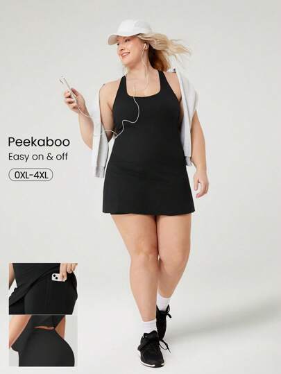 GLOWMODE FeatherFit™-Air Plus Size Peekaboo Strappy Dress With Built-In Anti-Slip Shorts Low Impact Yoga Pilates Daily Summer Dress Black Drss Quick Dry Moisture Wicking